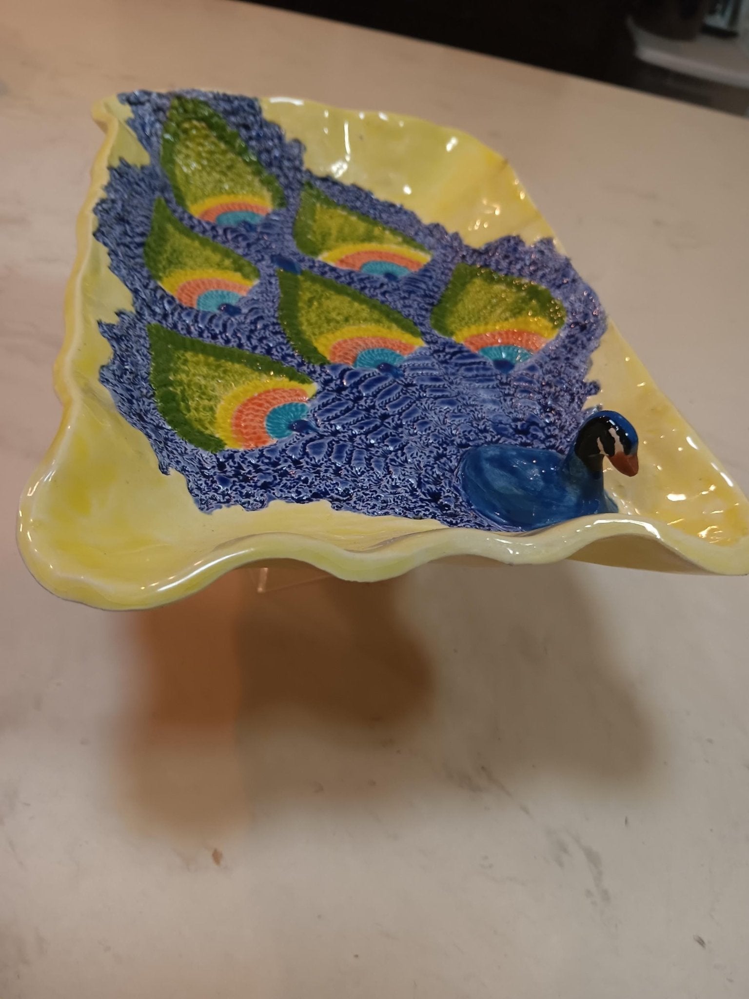 Colorful Ceramic Peacock 3D Platter Plate Textured Feathers - Gems by Gigi