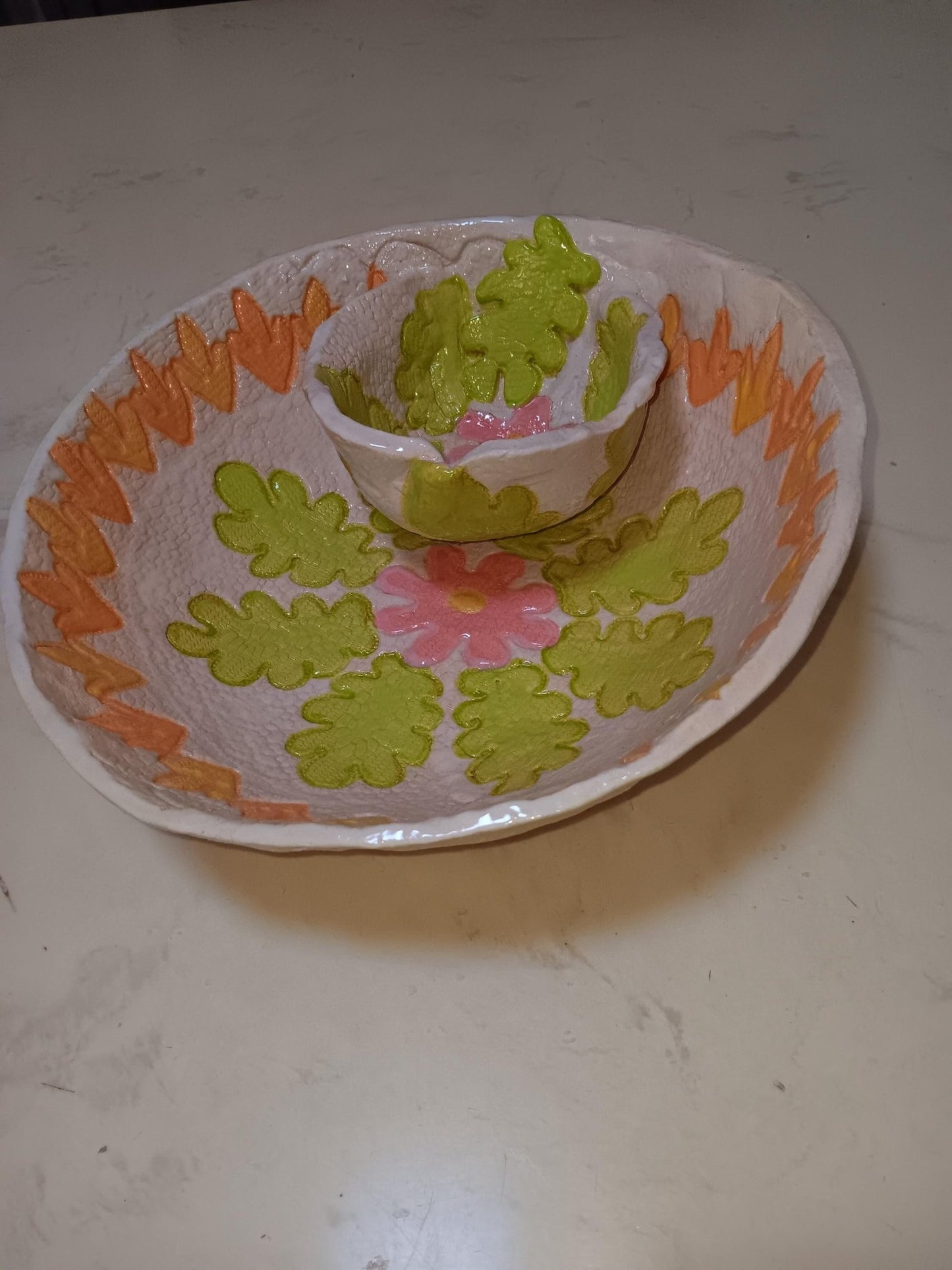 Colorful Chip and Dip Bowl Handmade Ceramic Leaf Design - Gems by Gigi