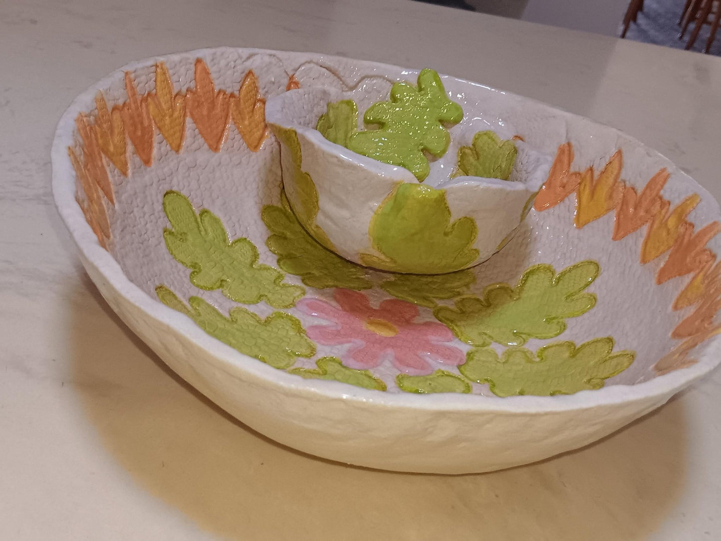 Colorful Chip and Dip Bowl Handmade Ceramic Leaf Design - Gems by Gigi