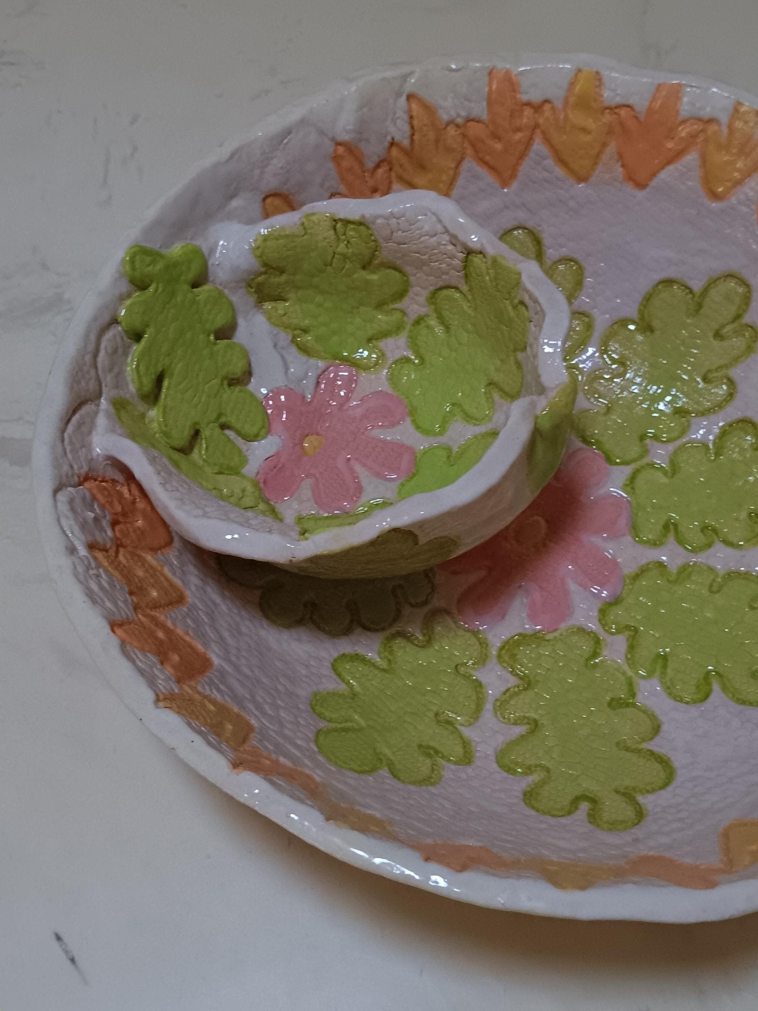 Colorful Chip and Dip Bowl Handmade Ceramic Leaf Design - Gems by Gigi