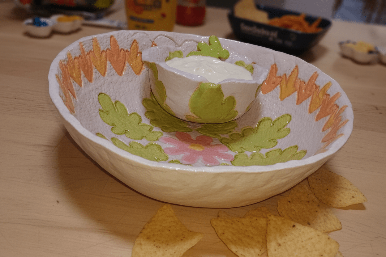 Colorful Chip and Dip Bowl Handmade Ceramic Leaf Design - Gems by Gigi