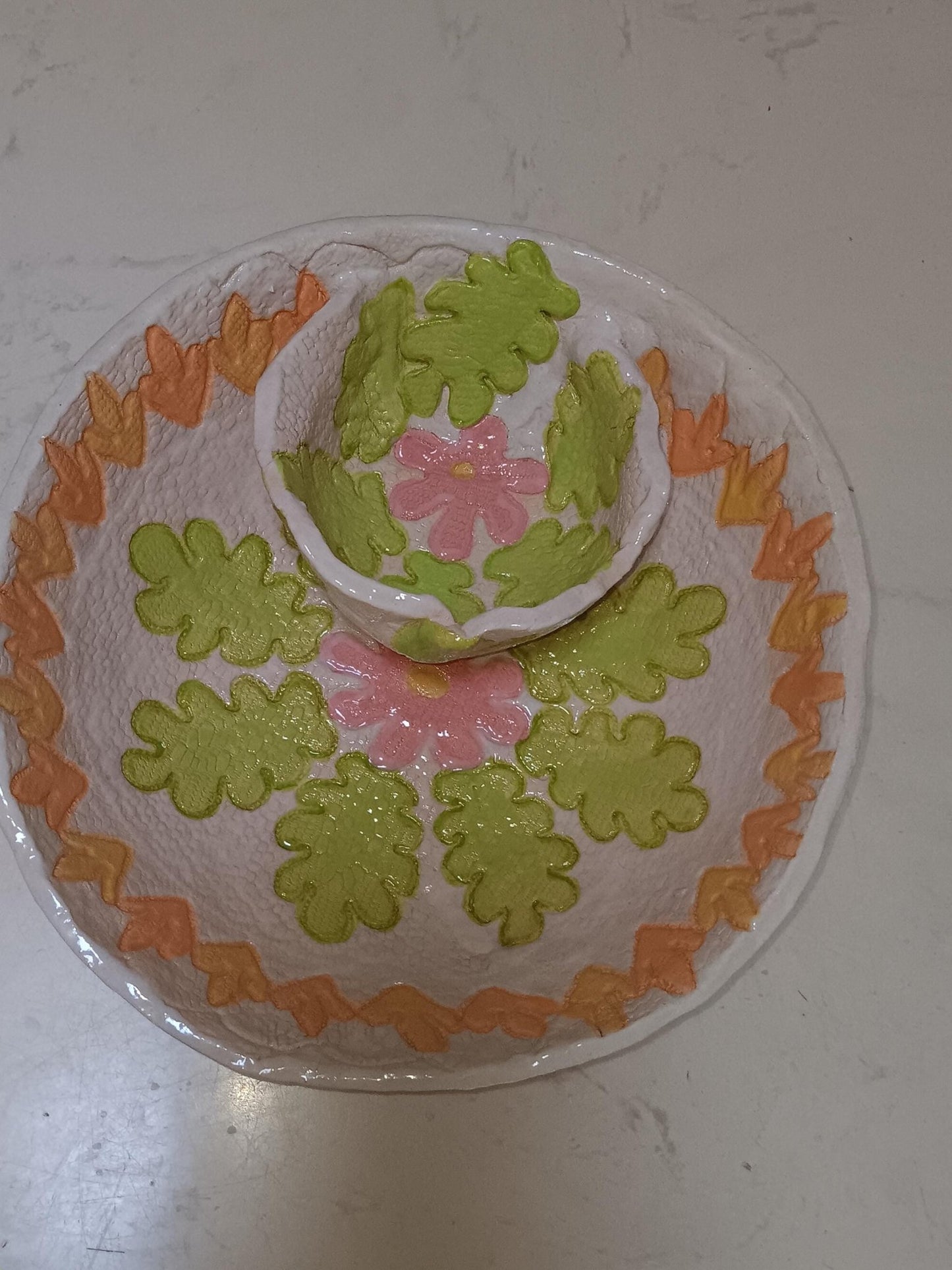 Colorful Chip and Dip Bowl Handmade Ceramic Leaf Design - Gems by Gigi
