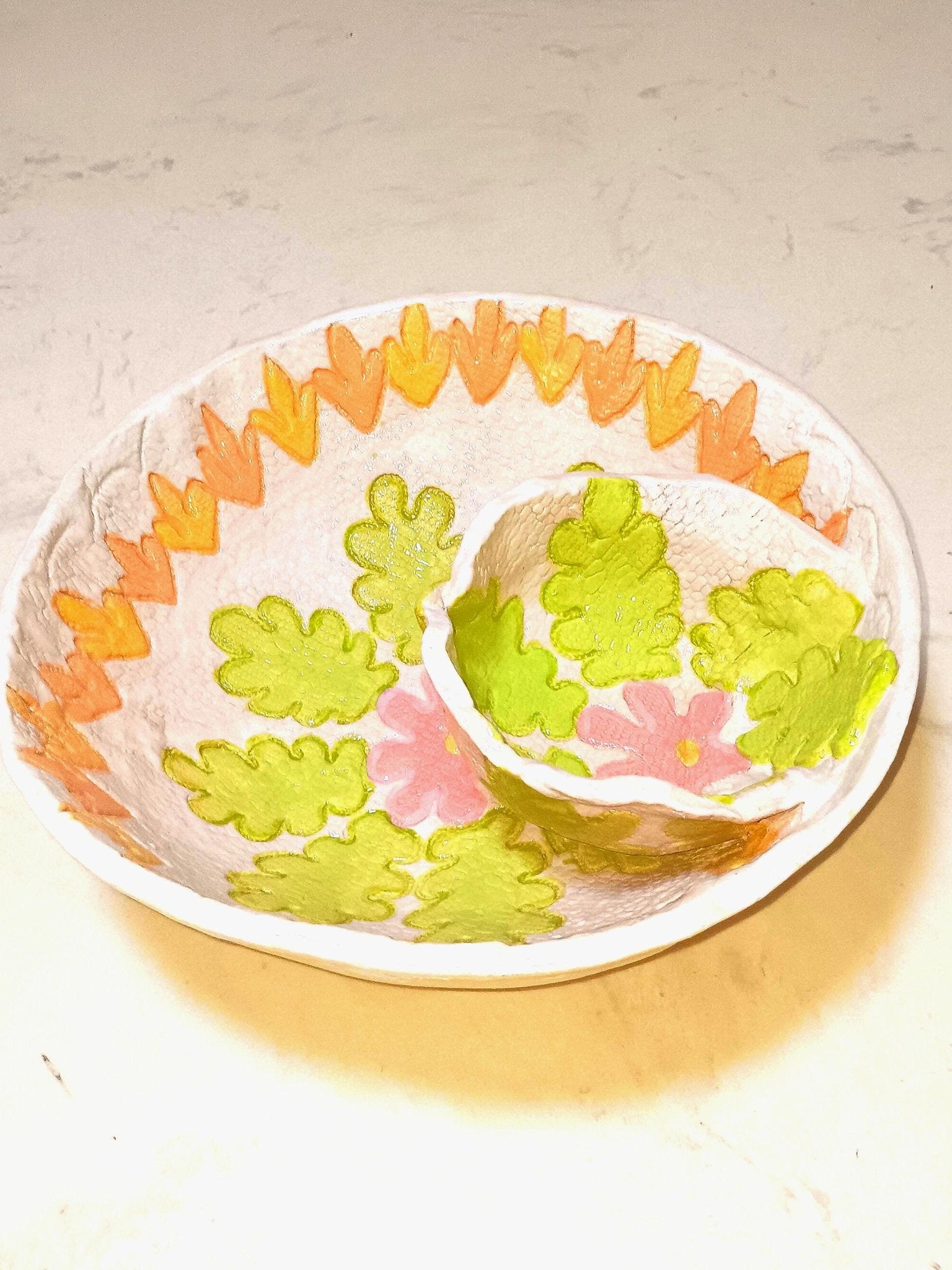 Colorful Chip and Dip Bowl Handmade Ceramic Leaf Design - Gems by Gigi