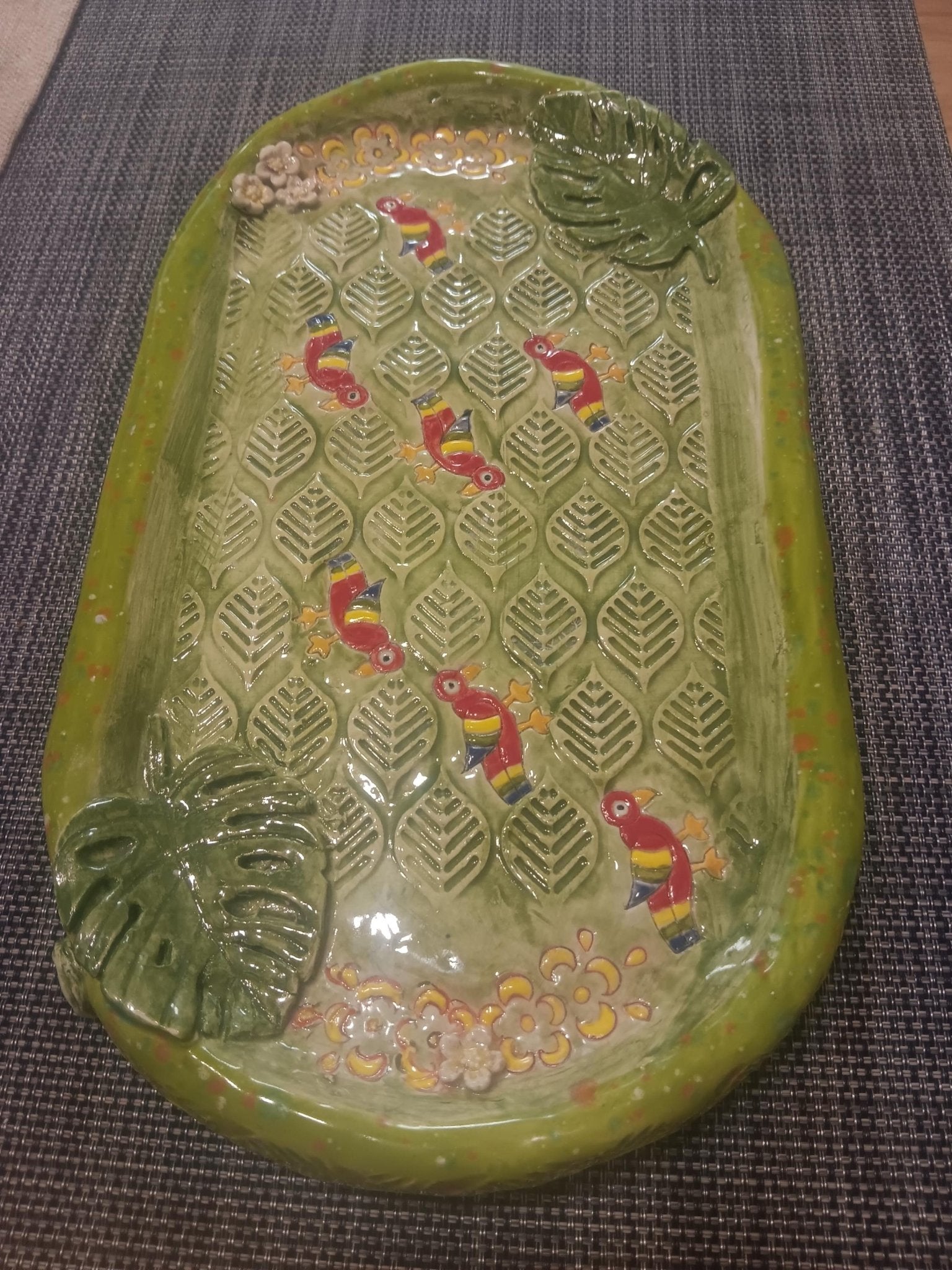 Colorful Parrots Flower Leaf Monstera Ceramic Platter - Gems by Gigi
