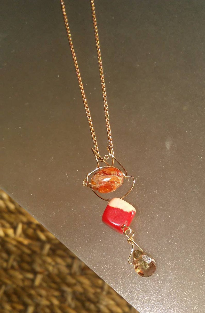 Coral Cube Andalusite Briolette Pendant 14kt Rose Gold - Gems by Gigi