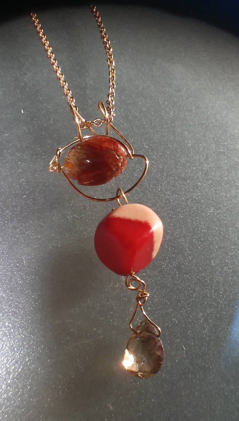 Coral Cube Andalusite Briolette Pendant 14kt Rose Gold - Gems by Gigi