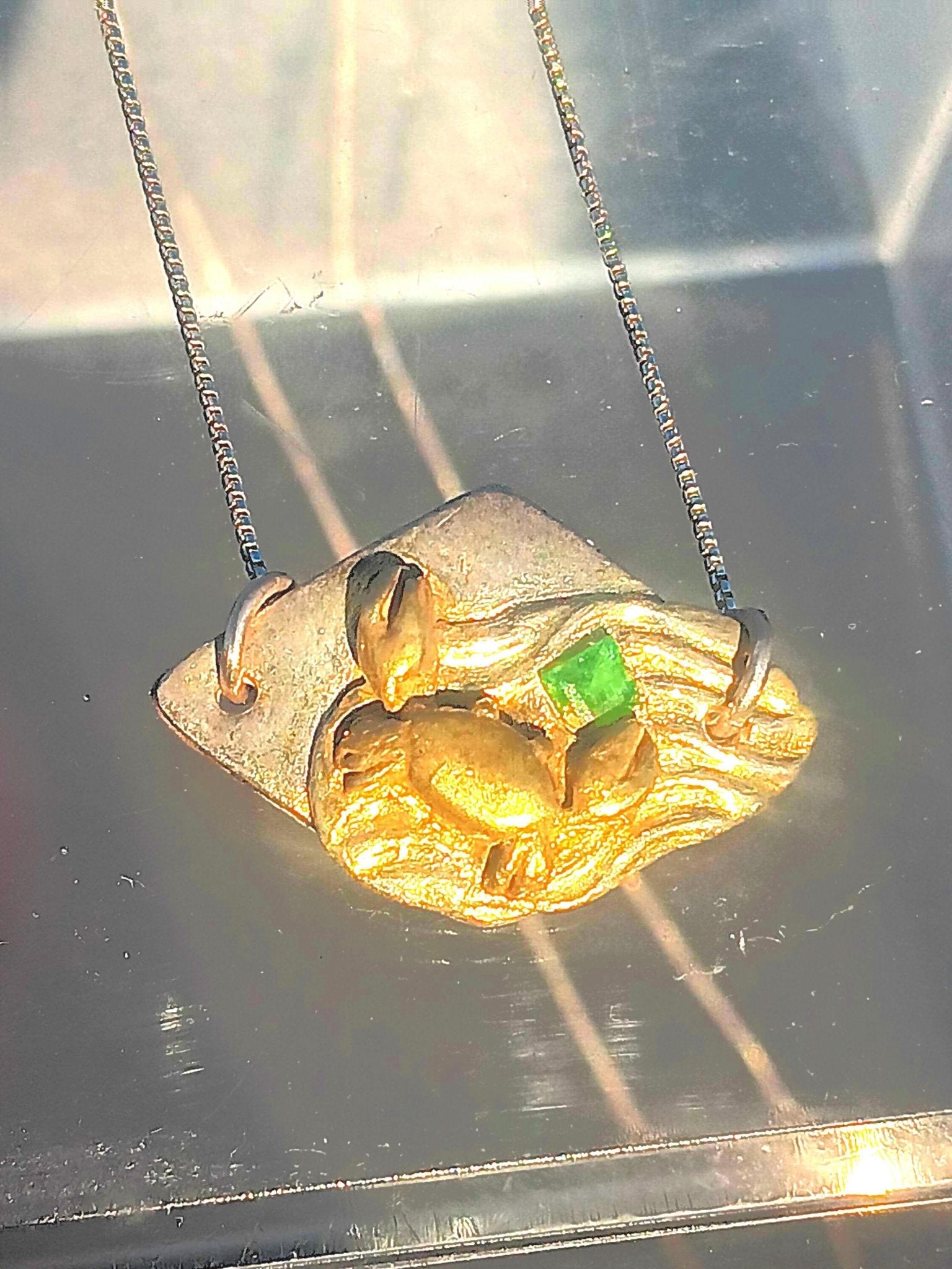 Crab Emerald Pendant Necklace Fine Silver 22kt Gold - Gems by Gigi