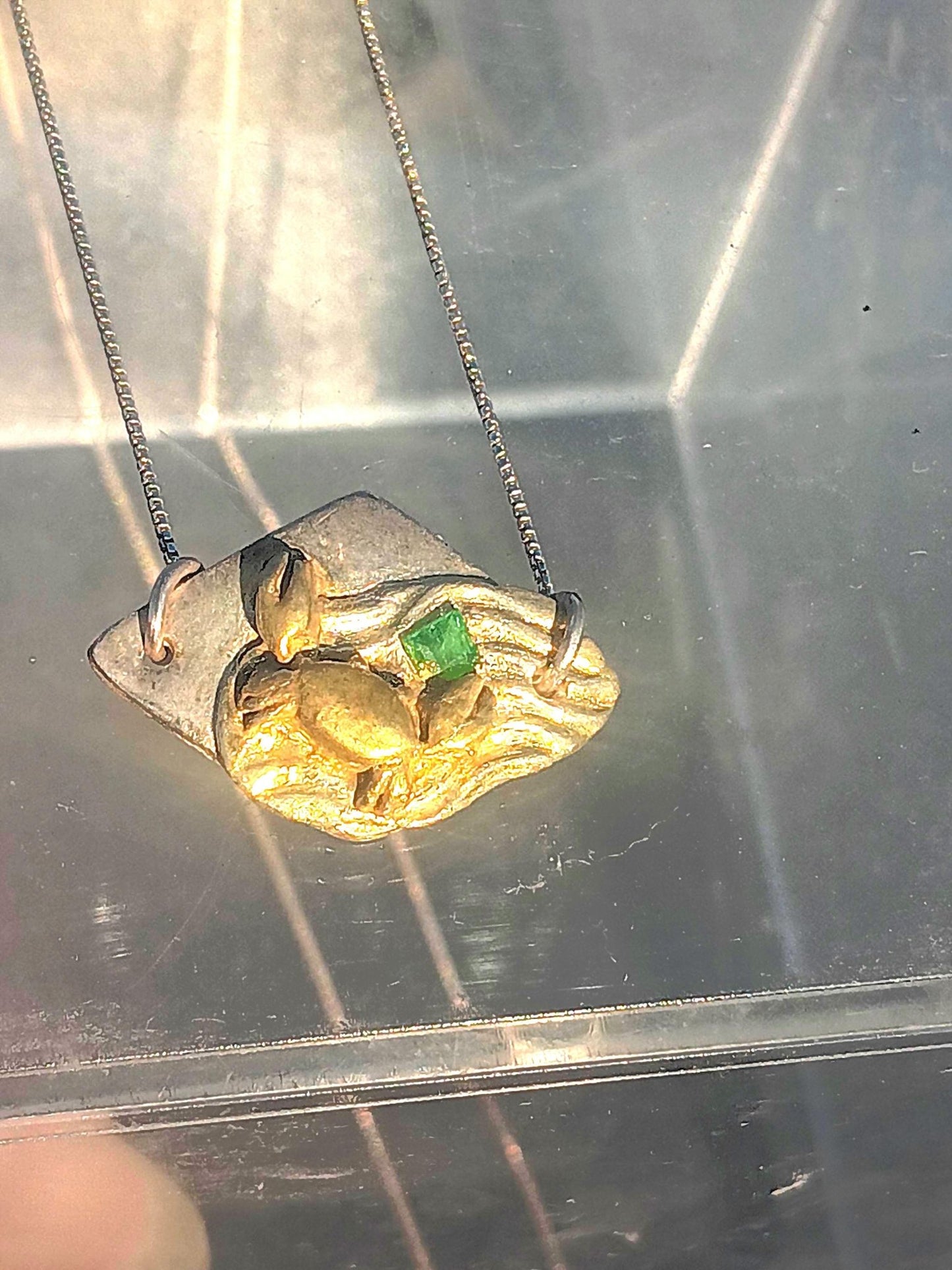 Crab Emerald Pendant Necklace Fine Silver 22kt Gold - Gems by Gigi