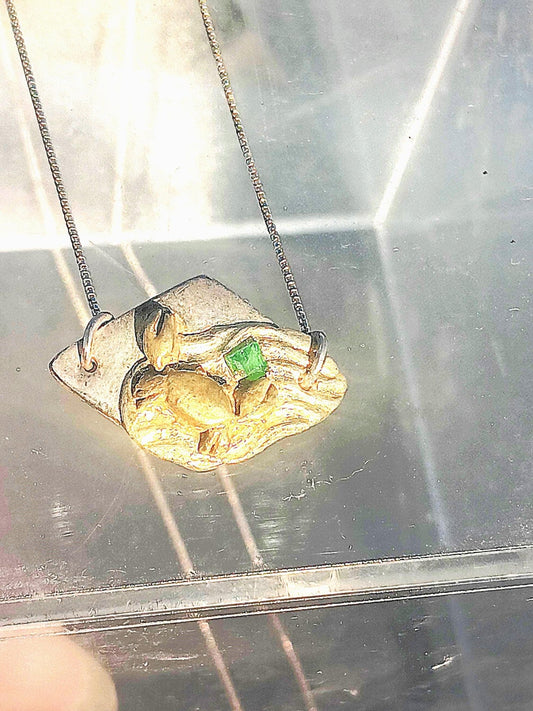 Crab Emerald Pendant Necklace Fine Silver 22kt Gold - Gems by Gigi