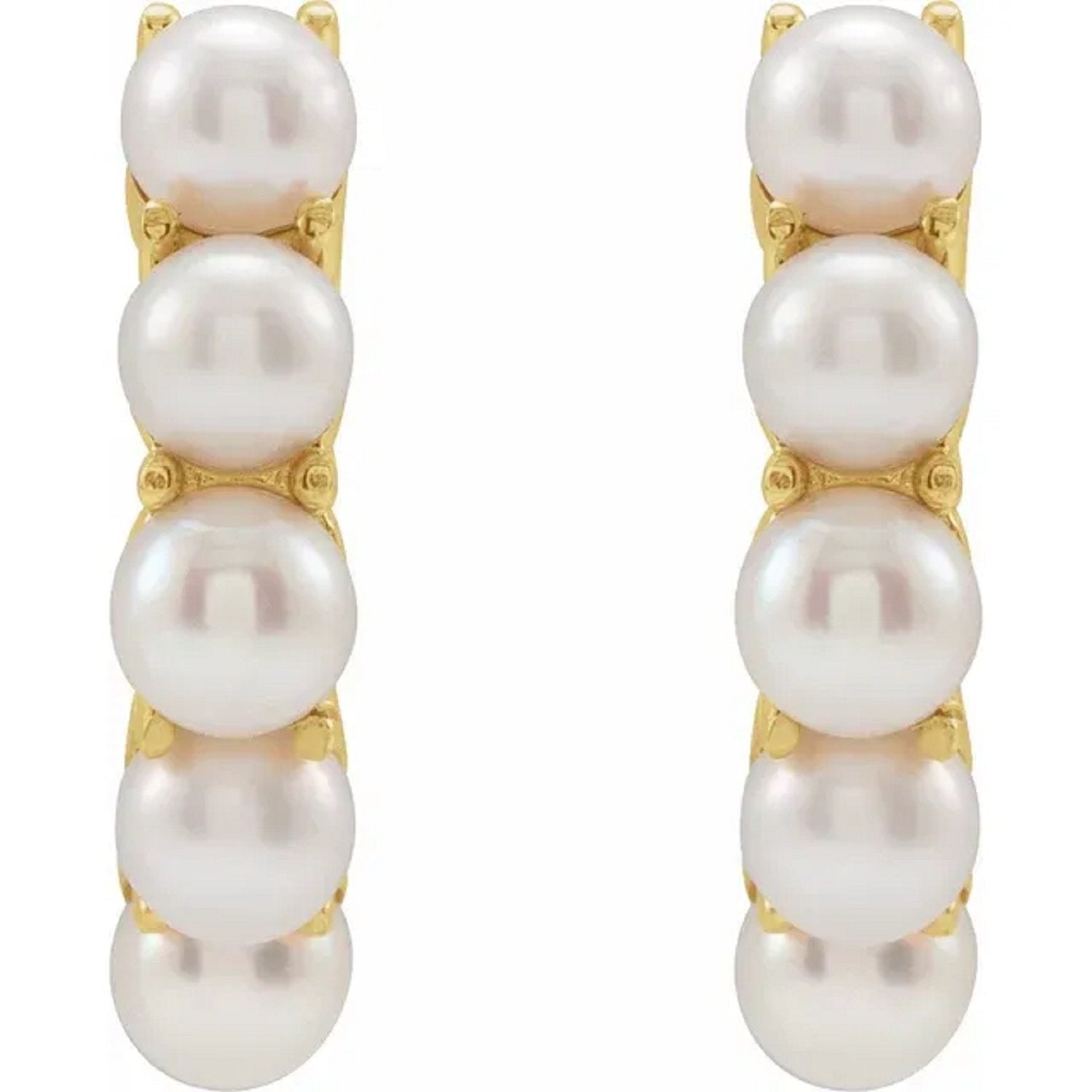 Cultured White Freshwater Pearl Huggie Hoop Earrings Yellow Gold 14kt - Gems by Gigi