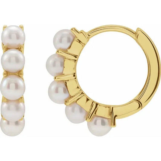 Cultured White Freshwater Pearl Huggie Hoop Earrings Yellow Gold 14kt - Gems by Gigi