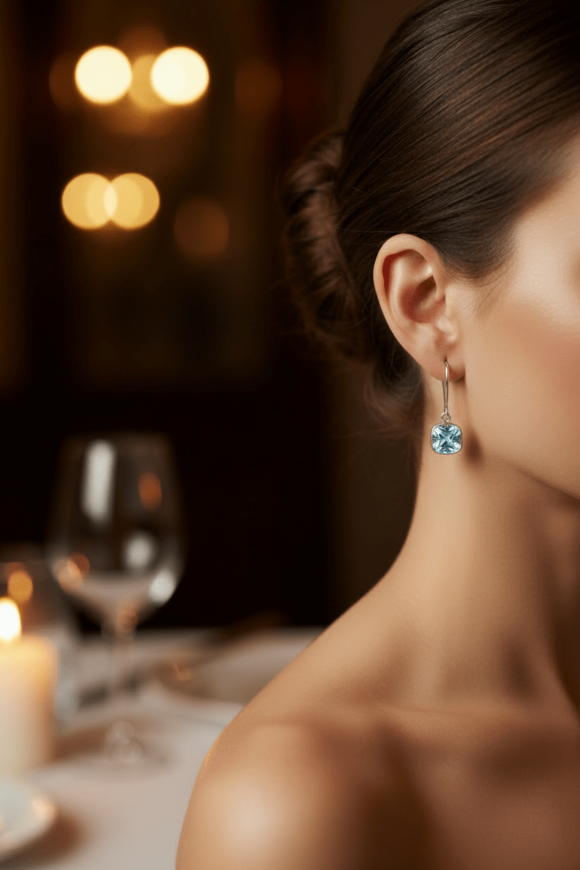 Cushion Cut Blue Topaz Bezel Dangle Earrings Sterling Silver - Gems by Gigi