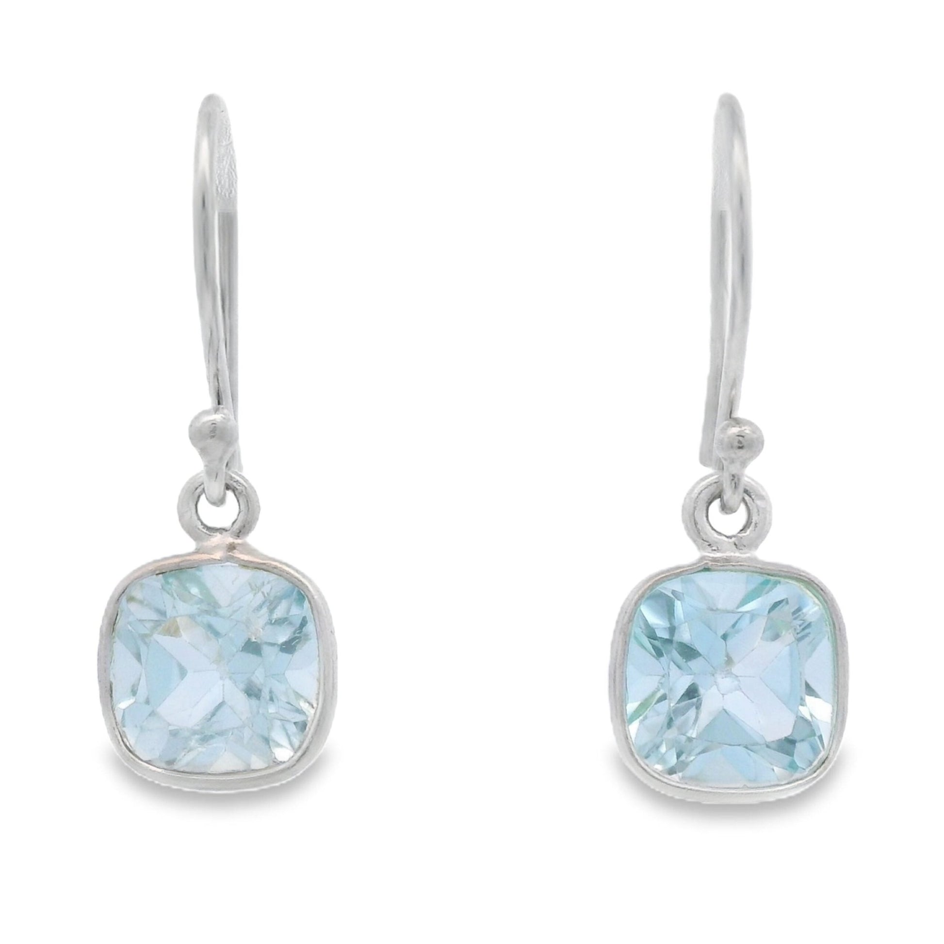 Cushion Cut Blue Topaz Bezel Dangle Earrings Sterling Silver - Gems by Gigi