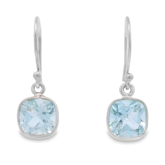 Cushion Cut Blue Topaz Bezel Dangle Earrings Sterling Silver - Gems by Gigi