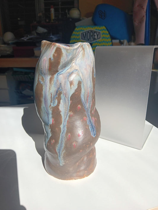 Ceramic Vase Brown Blue Handmade Modern Twisted Top