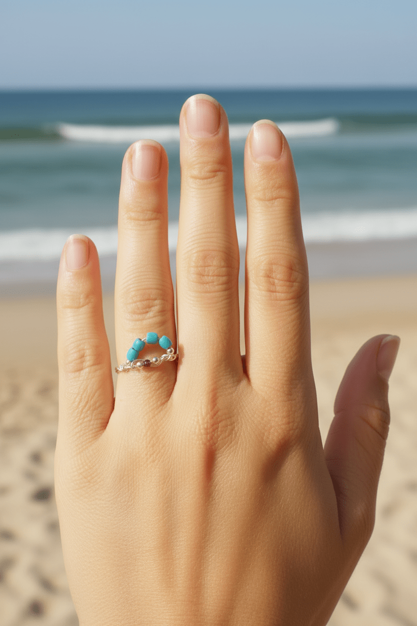 Dainty Garnet Turquoise Wave Ring Sterling Silver - Gems by Gigi