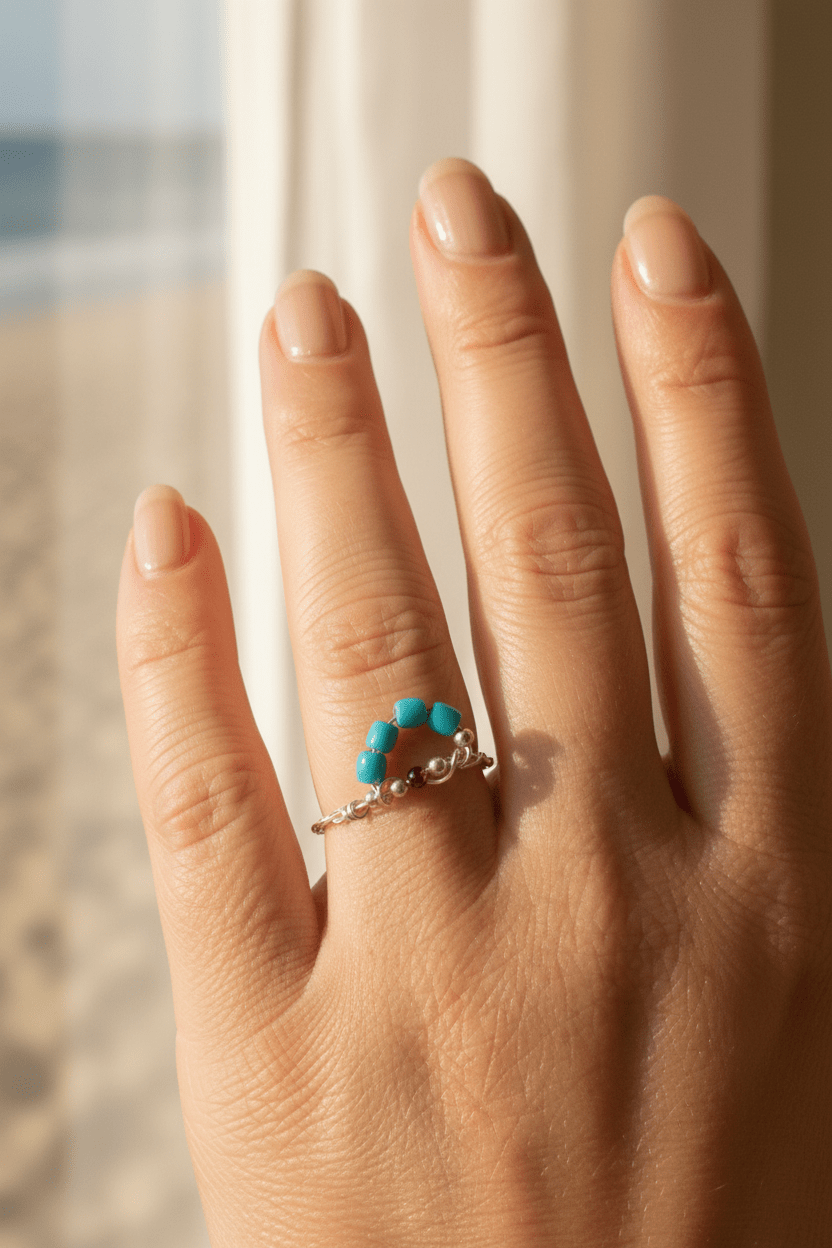 Dainty Garnet Turquoise Wave Ring Sterling Silver - Gems by Gigi