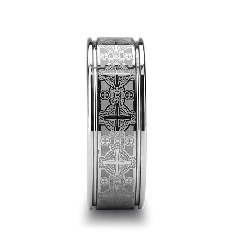 DEACON Flat Tungsten Ring Laser Engraved Celtic Crosses - Gems by Gigi