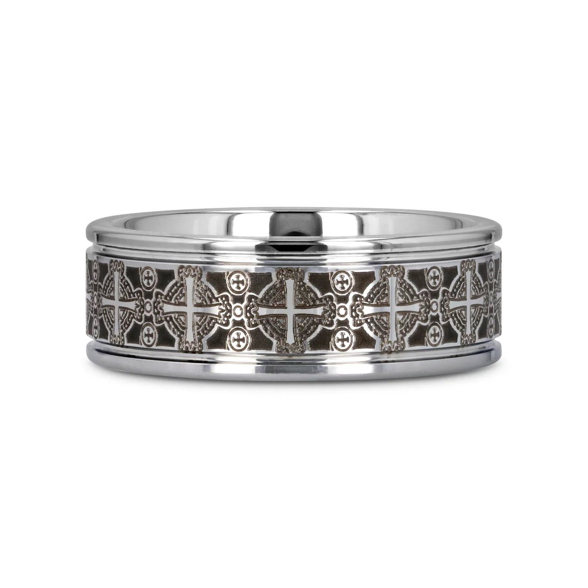 DEACON Flat Tungsten Ring Laser Engraved Celtic Crosses - Gems by Gigi