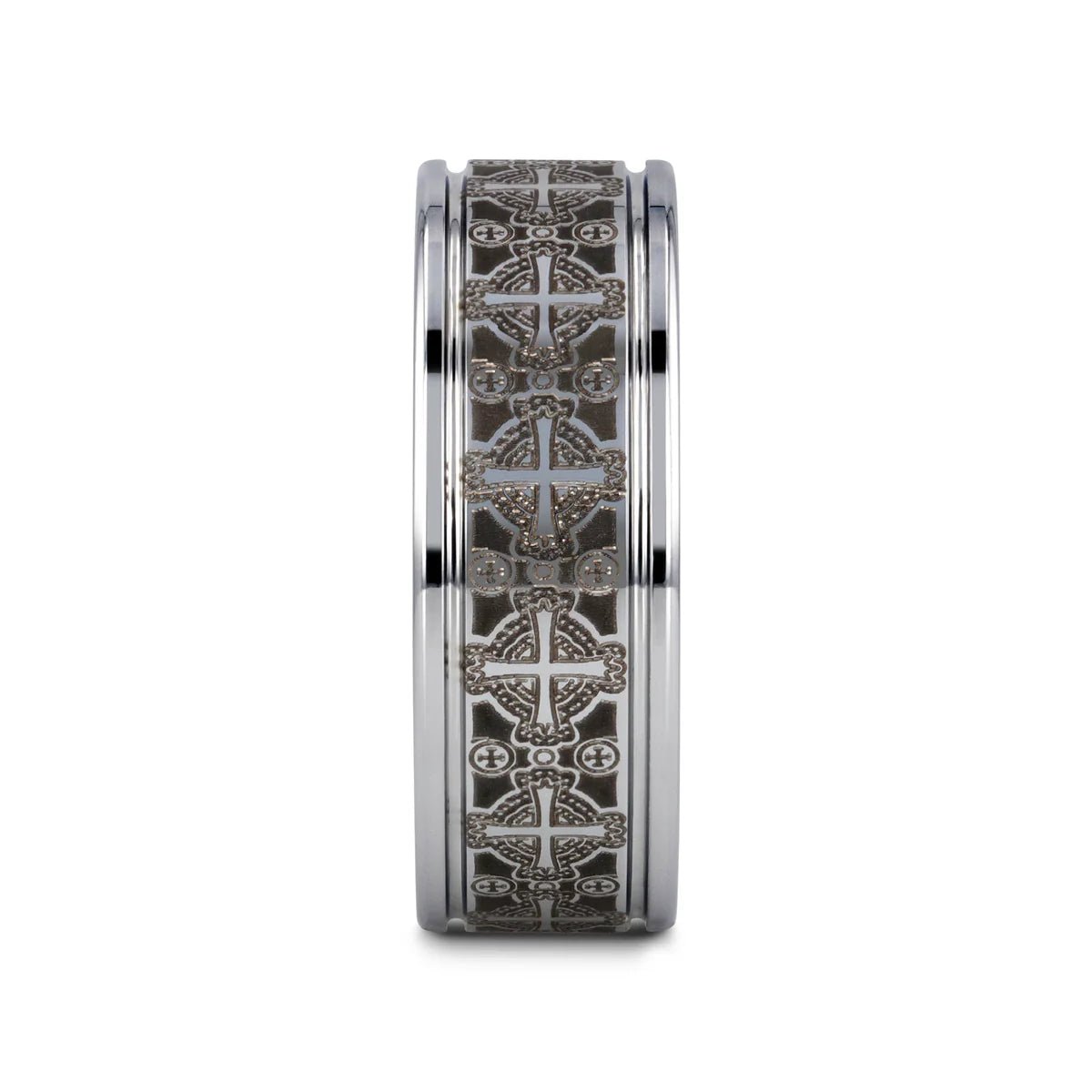 DEACON Flat Tungsten Ring Laser Engraved Celtic Crosses - Gems by Gigi