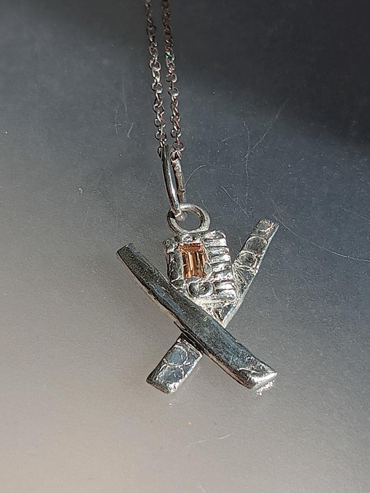 Modern Geometric X Pendant Baguette Cut Peach Padparadscha Sapphire 0.20ct Fine Silver Handmade