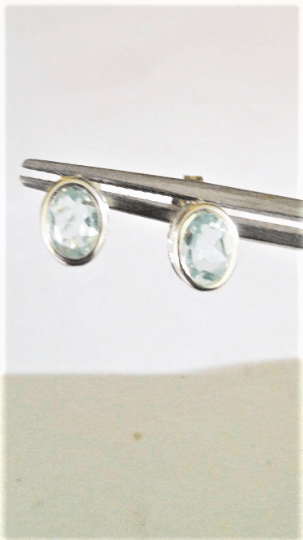 Aquamarine Bezel Stud Earrings Oval 1.32ct Sterling Silver
