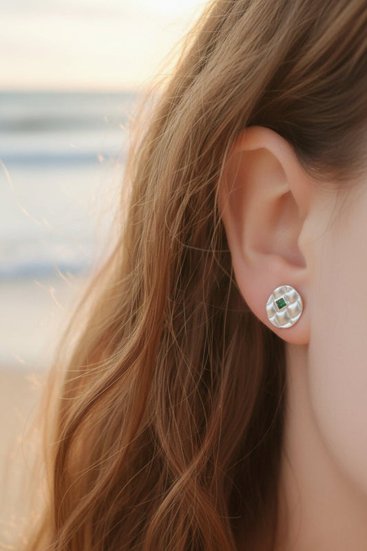 Emerald Stud Earrings Scales Circle Fine Silver 14kt - Gems by Gigi