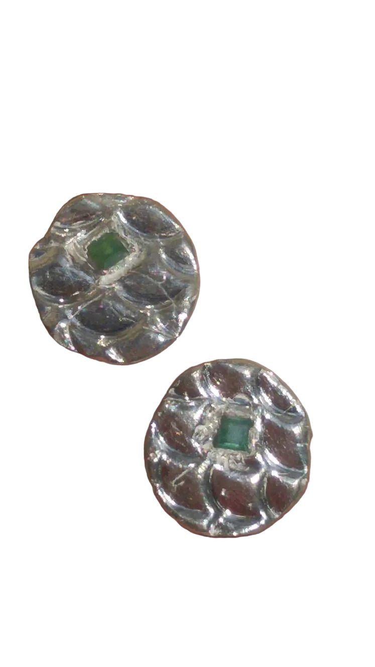 Emerald Stud Earrings Scales Circle Fine Silver 14kt - Gems by Gigi