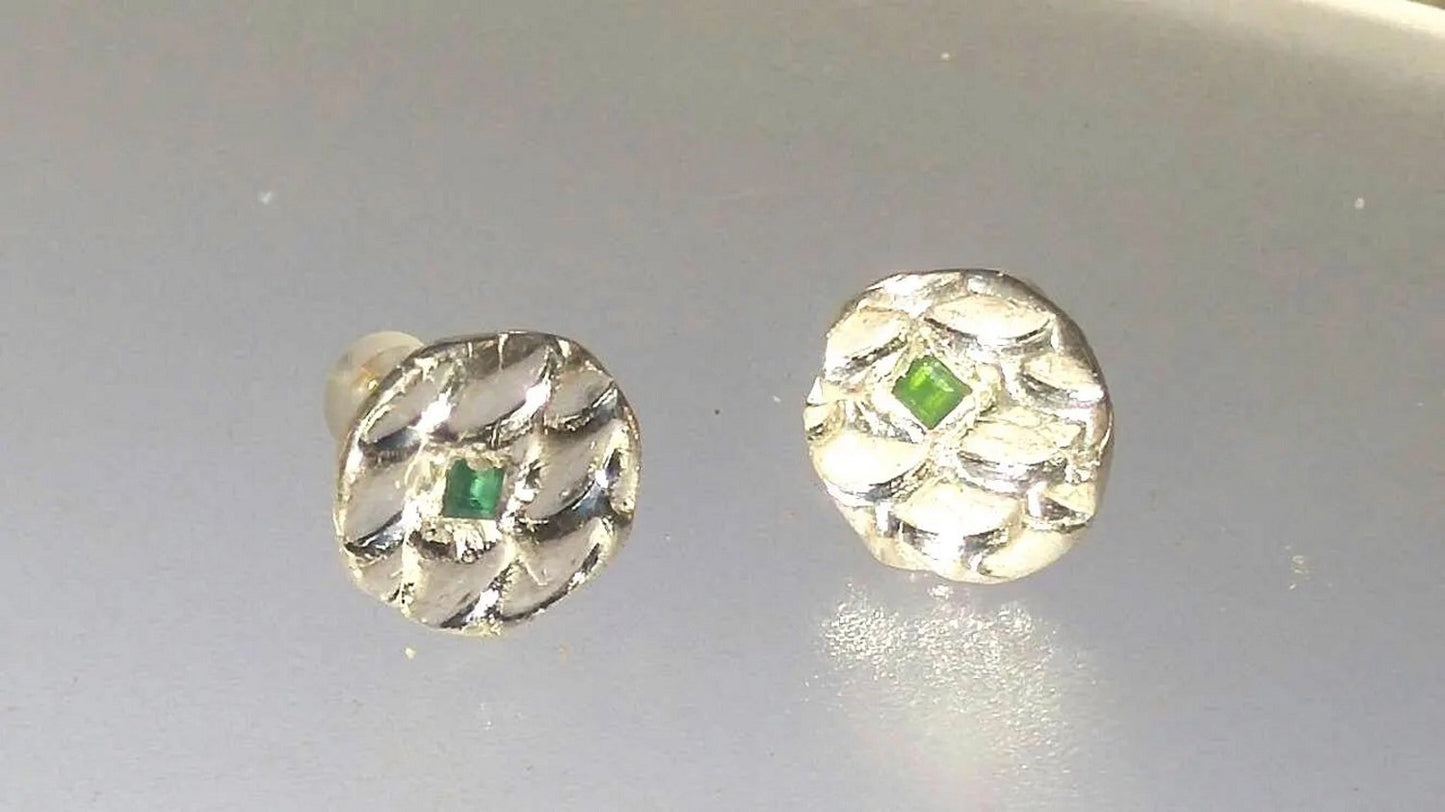 Emerald Stud Earrings Scales Circle Fine Silver 14kt - Gems by Gigi