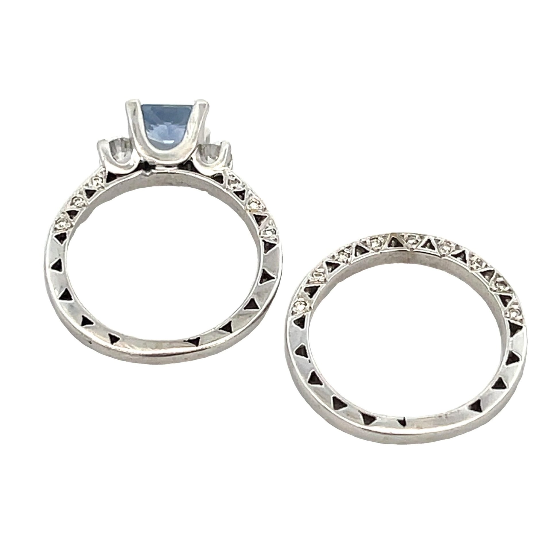 Estate Radiant Blue Sapphire Diamond Engagement Ring Bridal Set - Gems by Gigi