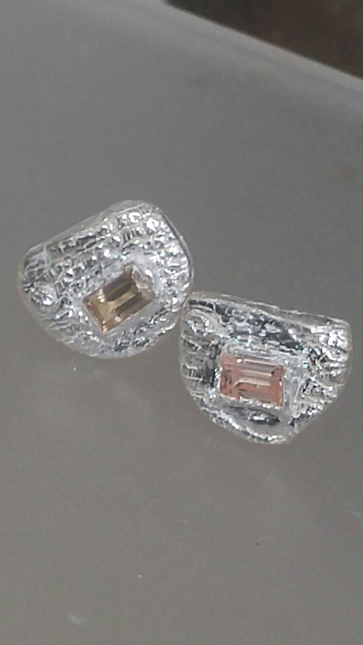 Fan Shape Baguette Peach Sapphire Studs Earrings Fine Silver 14kt - Gems by Gigi