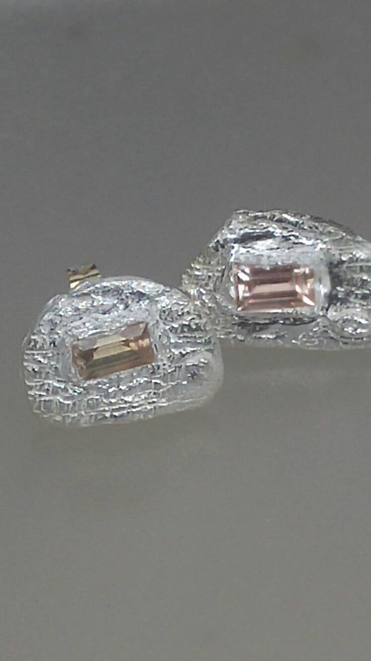 Fan Shape Baguette Peach Sapphire Studs Earrings Fine Silver 14kt - Gems by Gigi