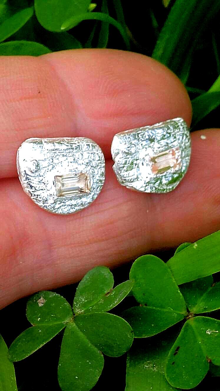 Fan Shape Baguette Peach Sapphire Studs Earrings Fine Silver 14kt - Gems by Gigi