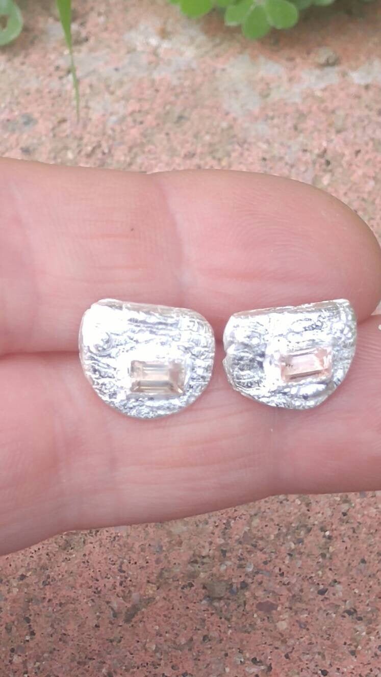 Fan Shape Baguette Peach Sapphire Studs Earrings Fine Silver 14kt - Gems by Gigi