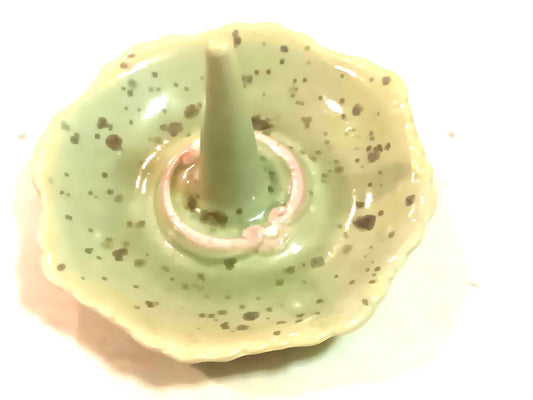 Ceramic Ring Holder Dish: Speckled Green, Fluttered Edge Tray Organizer