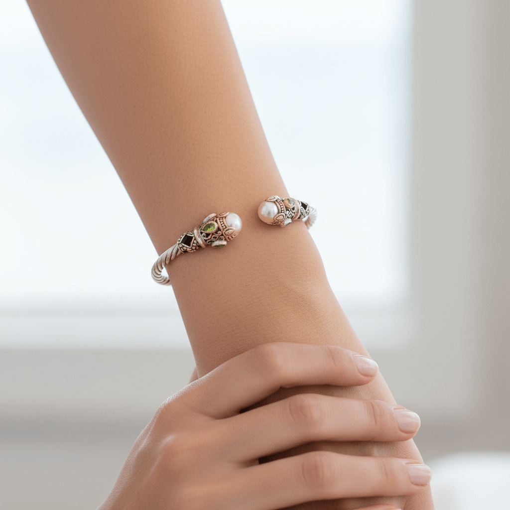Freshwater Pearl Gemstone Bangle Bracelet Sterling Silver 18kt Gold - Gems by Gigi