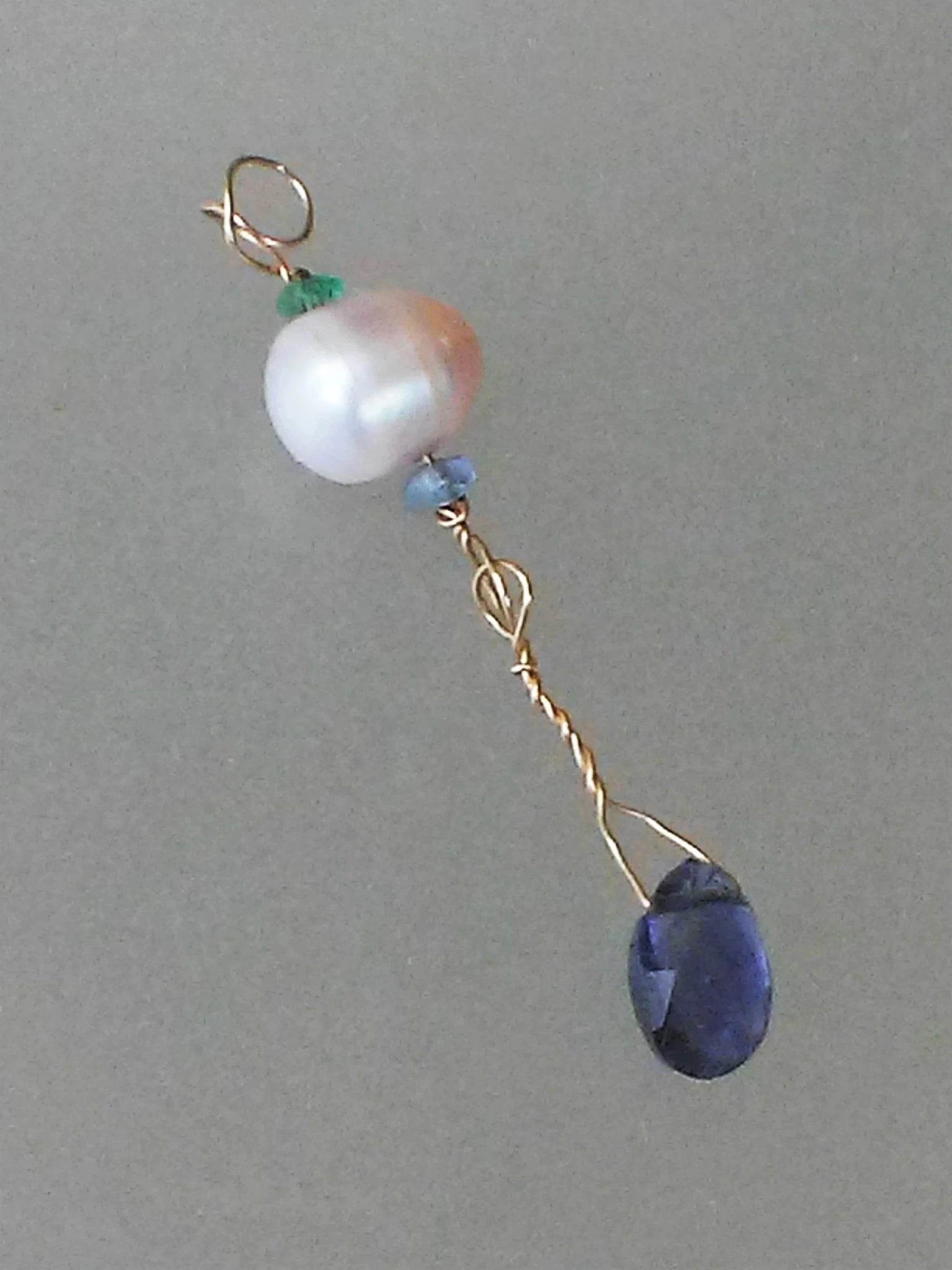 Freshwater Pearl Tanzanite Emerald Iolite Pendant 14kt - Gems by Gigi