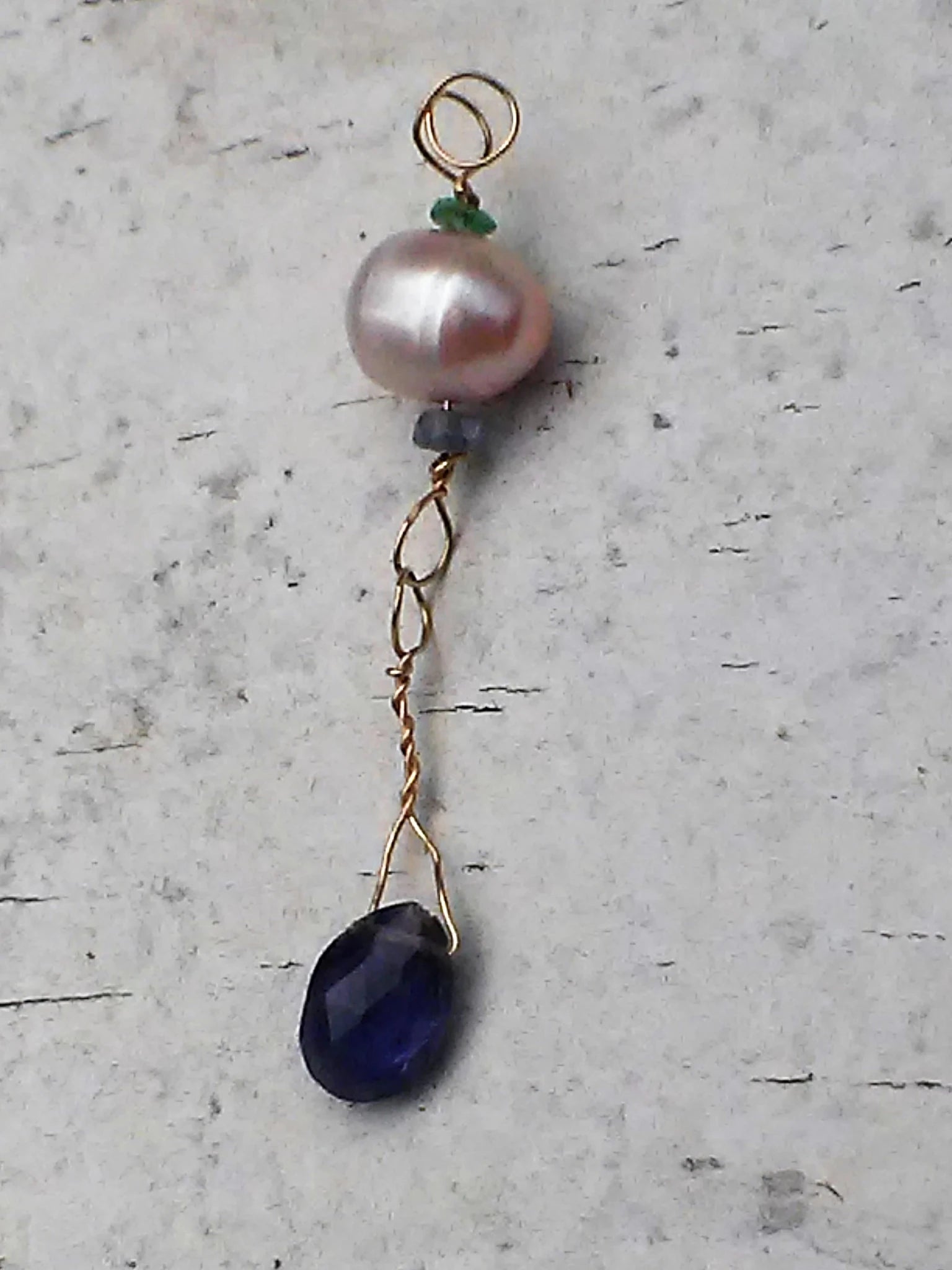 Freshwater Pearl Tanzanite Emerald Iolite Pendant 14kt - Gems by Gigi