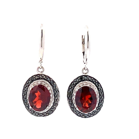Garnet Black Diamond Halo Dangle Earrings Sterling Silver - Gems by Gigi