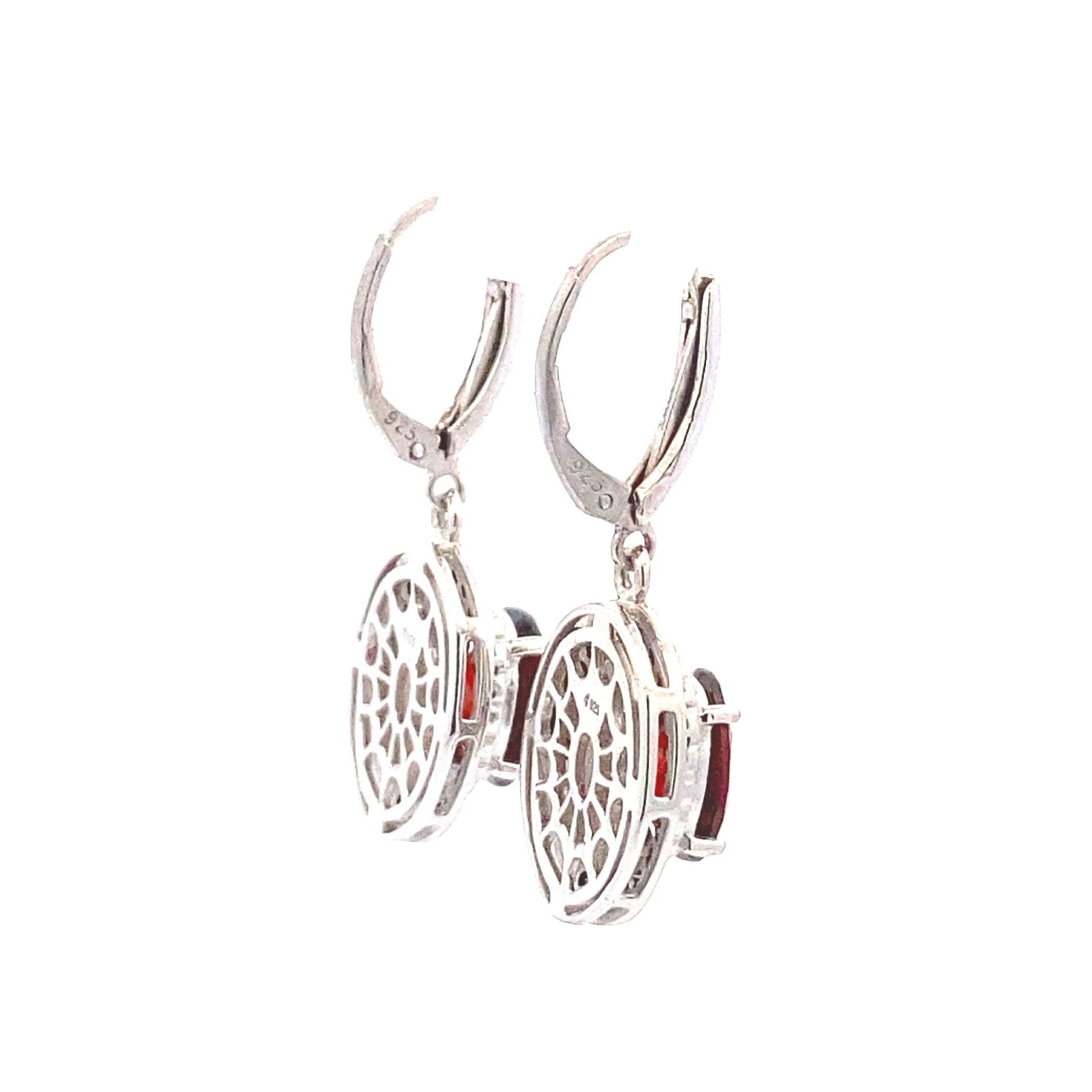 Garnet Black Diamond Halo Dangle Earrings Sterling Silver - Gems by Gigi