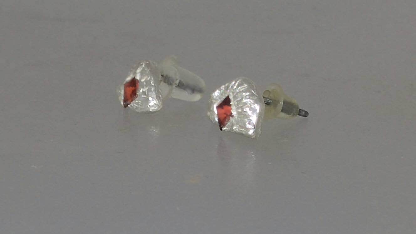 Garnet Fan Shaped Stud Earrings Princess cut Fine Silver - Gems by Gigi