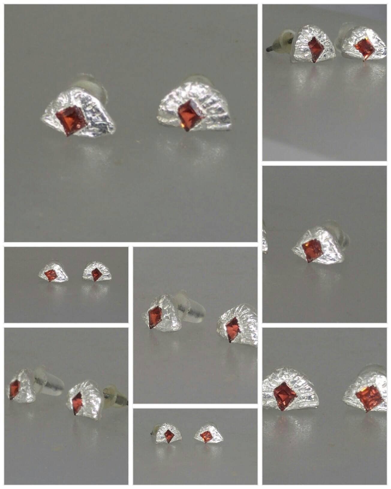 Garnet Fan Shaped Stud Earrings Princess cut Fine Silver - Gems by Gigi