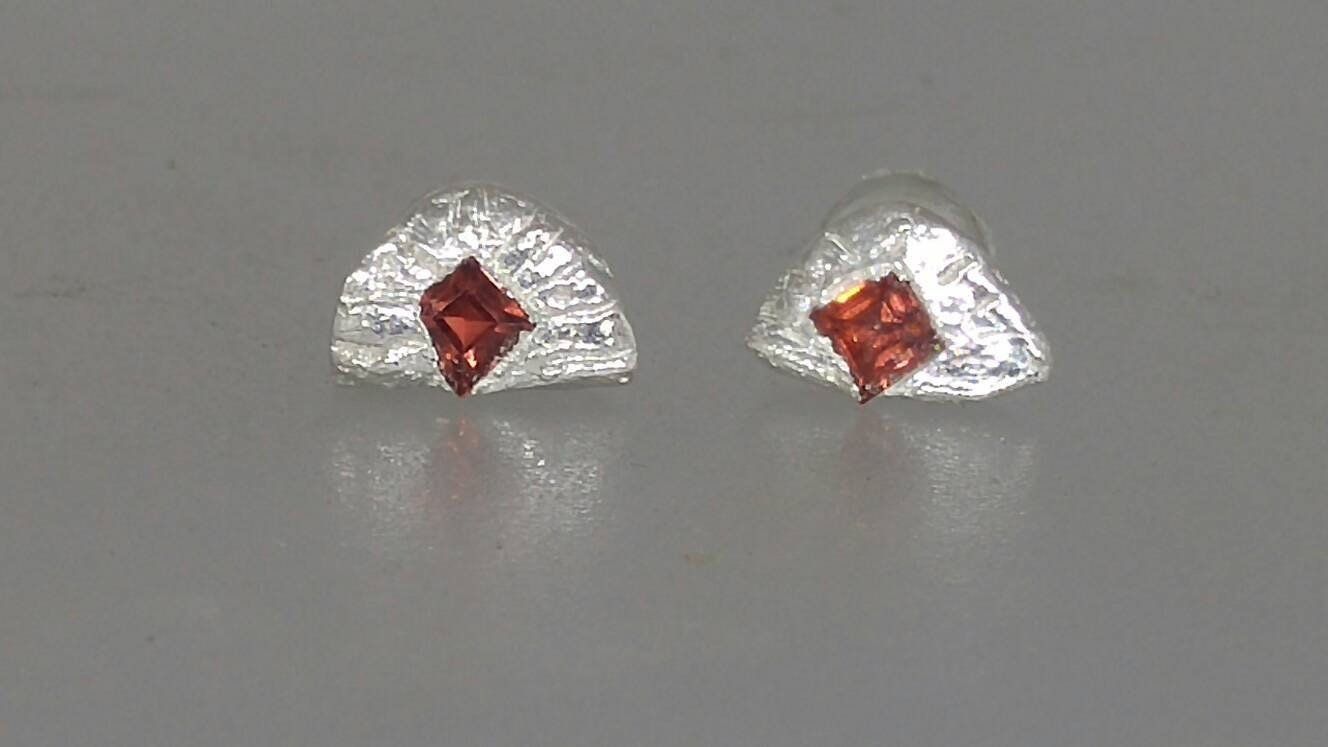 Garnet Fan Shaped Stud Earrings Princess cut Fine Silver - Gems by Gigi
