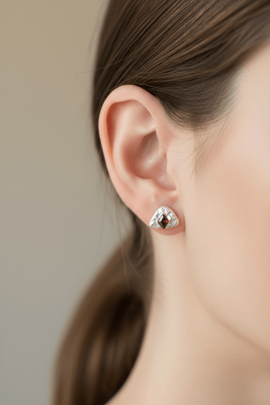 Garnet Fan Shaped Stud Earrings Princess cut Fine Silver - Gems by Gigi