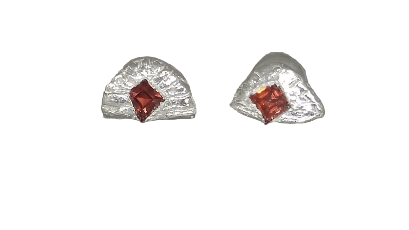 Garnet Fan Shaped Stud Earrings Princess cut Fine Silver - Gems by Gigi