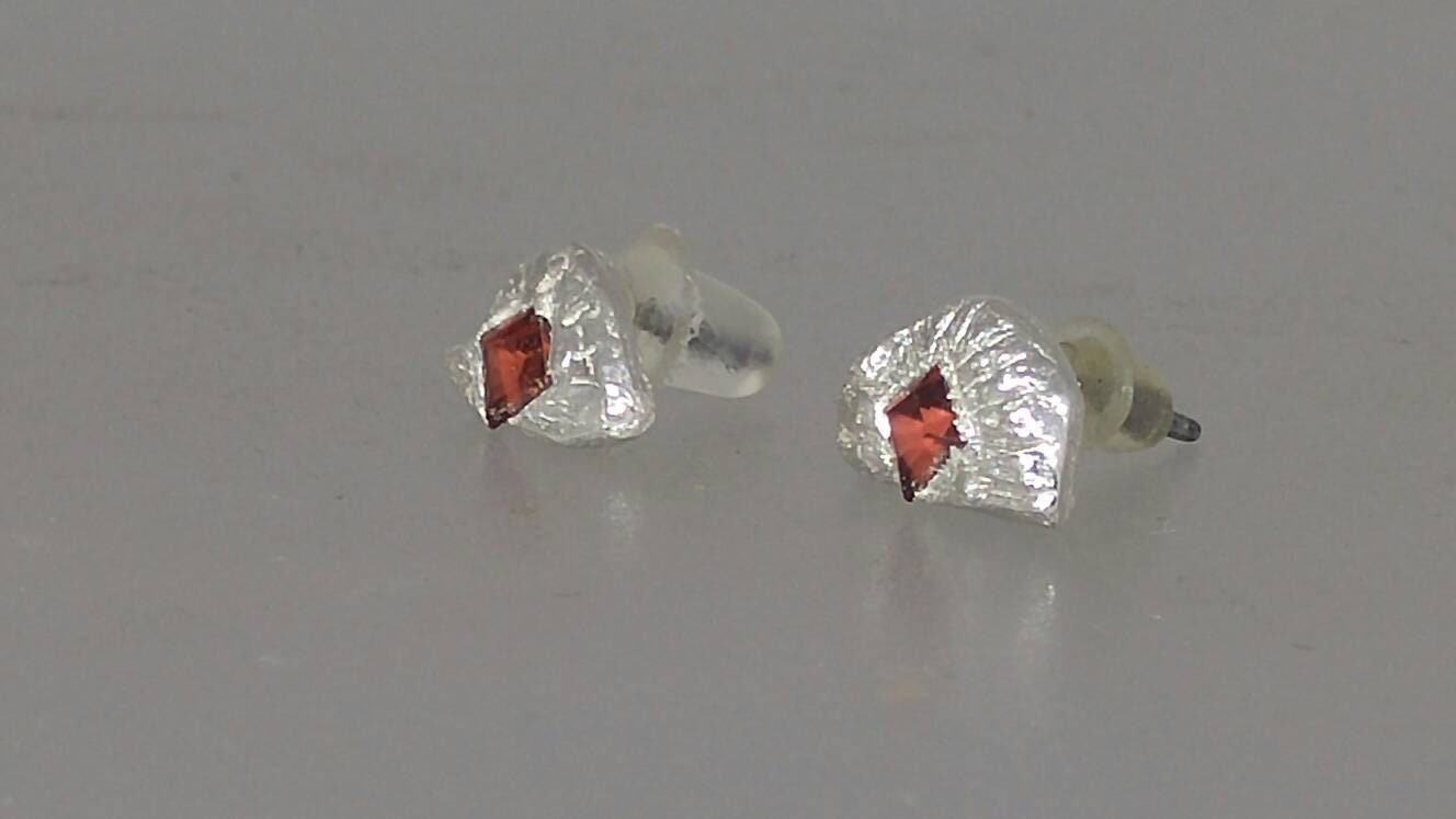 Garnet Fan Shaped Stud Earrings Princess cut Fine Silver - Gems by Gigi