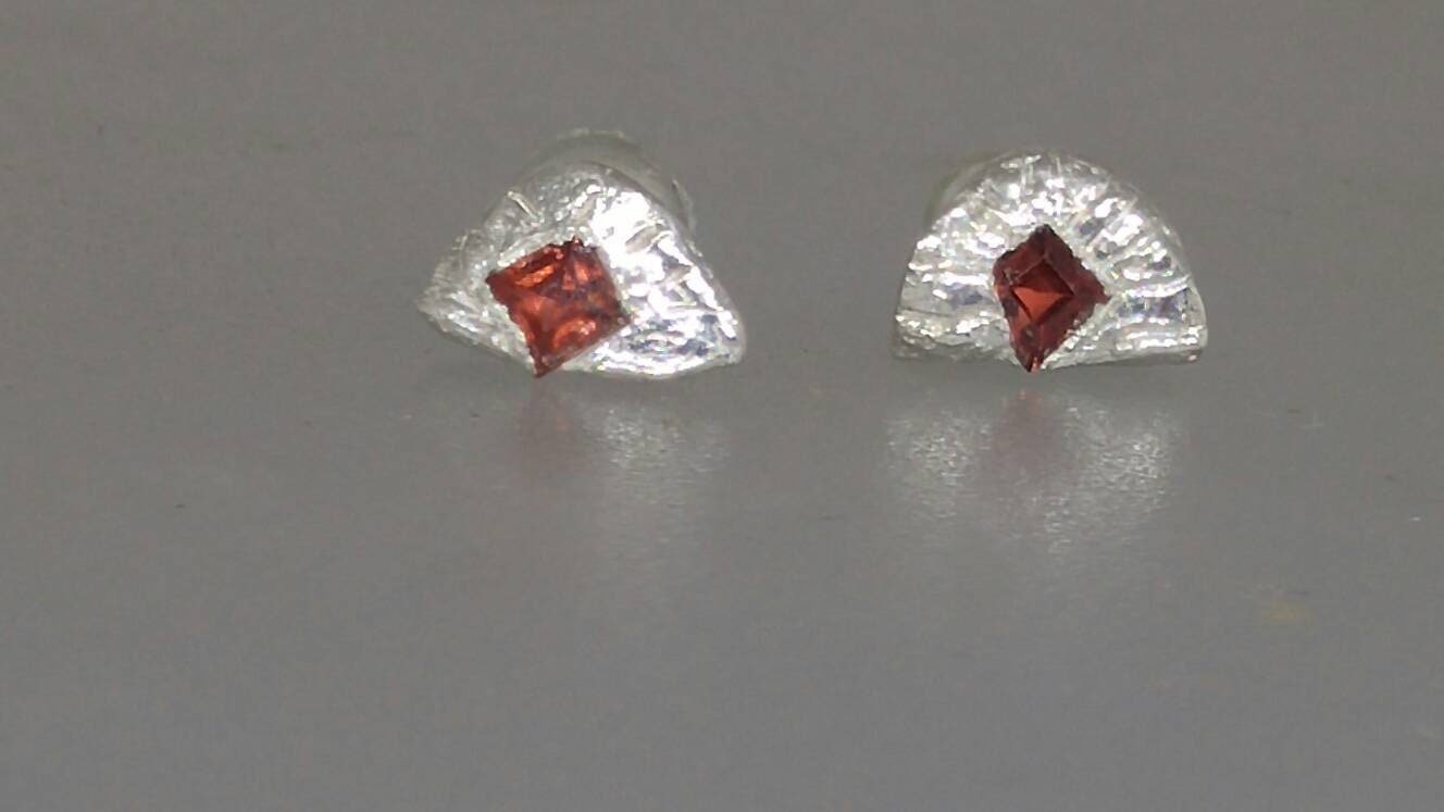 Garnet Fan Shaped Stud Earrings Princess cut Fine Silver - Gems by Gigi