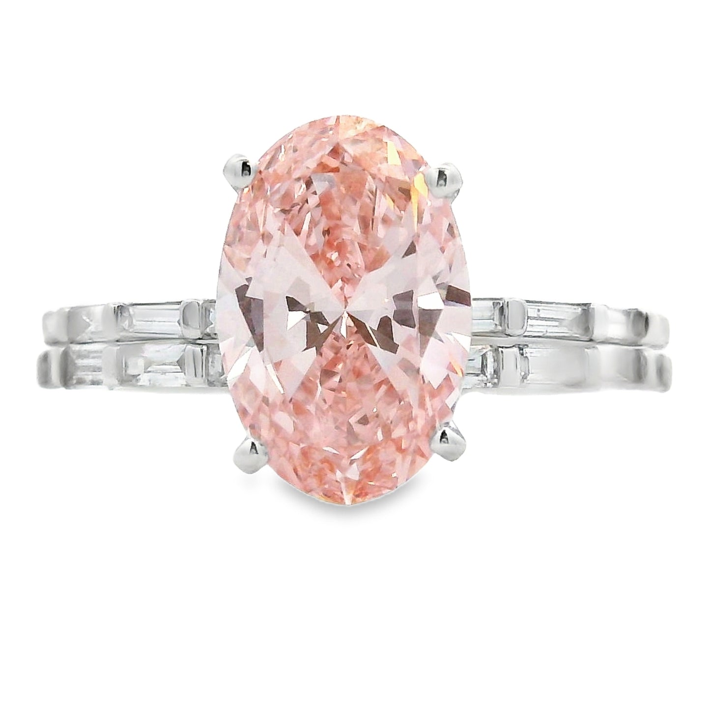 3.50ct Oval Lab Grown Pink Diamond Ring 14kt White Gold with baguette accents