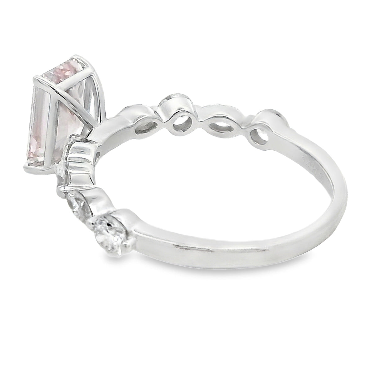 Pink lab grown diamond radiant cut engagement ring side view, 14kt white gold with marquise and round accent diamonds
