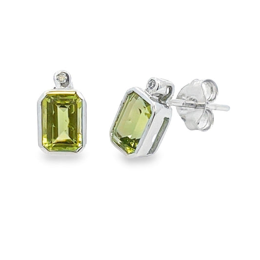 emerald cut peridot stud earrings bezel set diamond accent white gold